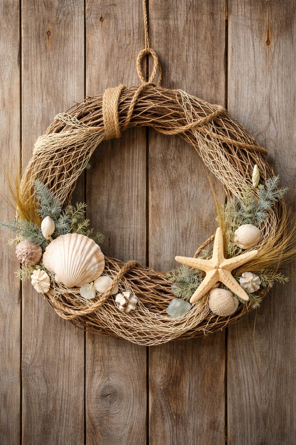 A grapevine wreath decorated with netting and rope hanging on a wooden surface.
