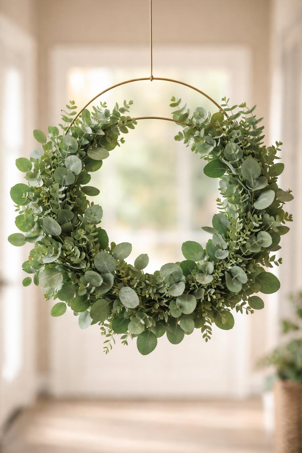 A eucalyptus greens wreath arranged on a wire form, displayed against a softly blurred background.