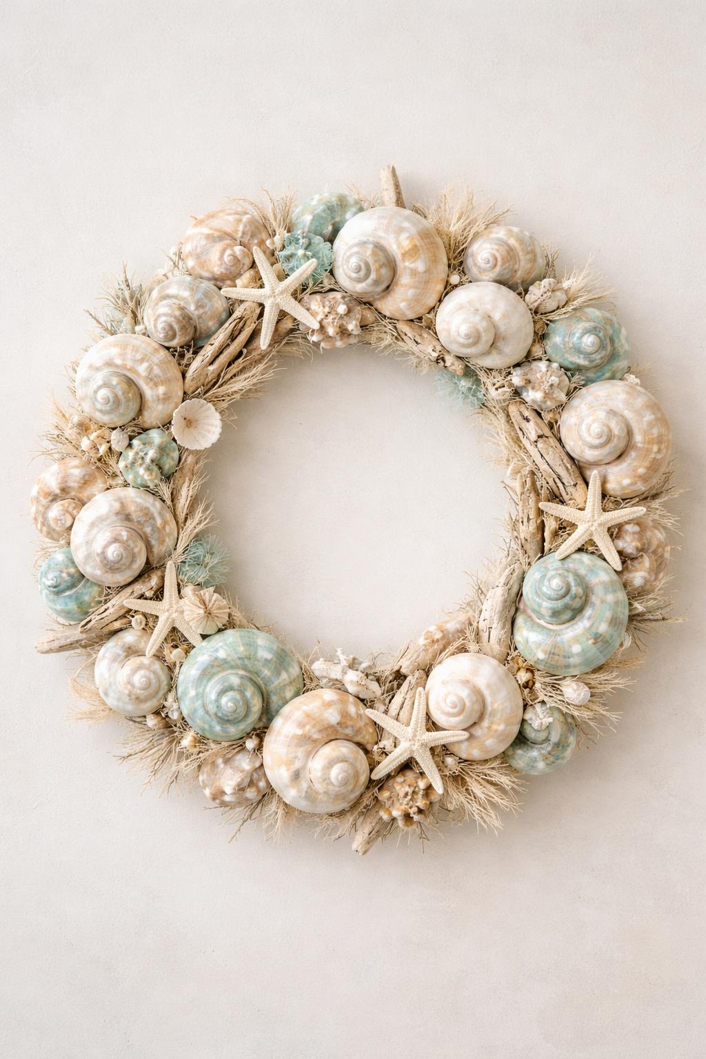 A circular wreath made of turbo shells and beach elements like starfish and driftwood on a light background.