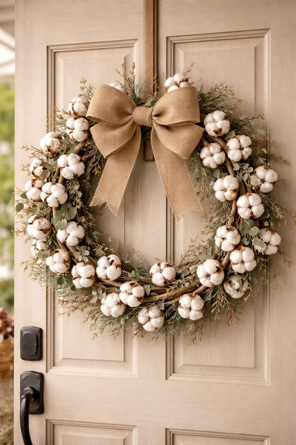 A front door decorated with a wreath made of cotton stems and a burlap ribbon bow.