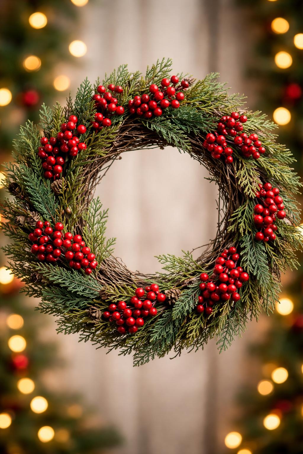A circular grapevine wreath decorated with red berries and green leaves on a blurred background.