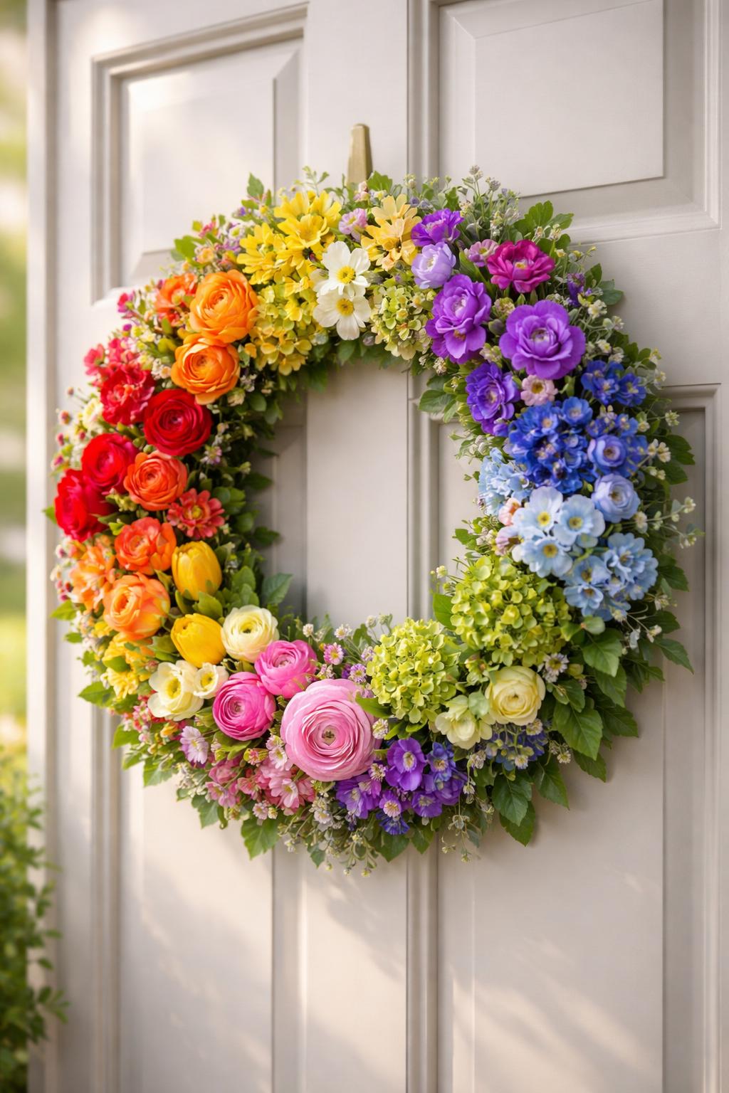 A colorful flower wreath with rainbow colors hanging on a front door surrounded by green leaves.