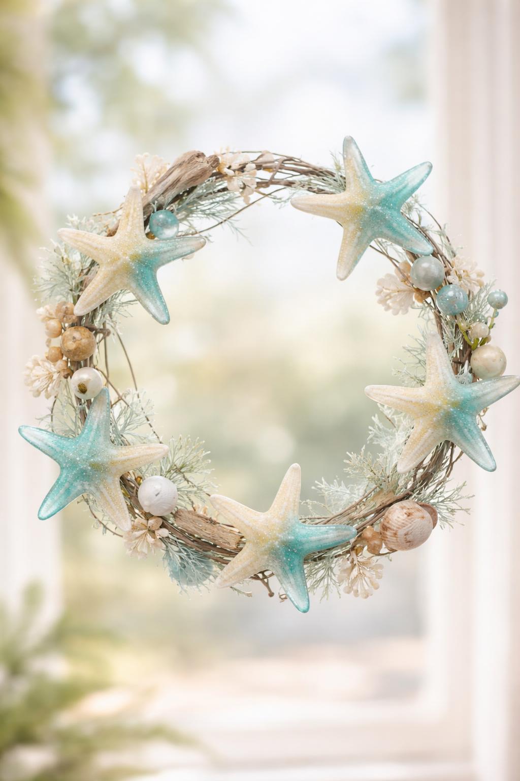 A coastal beach wreath with resin starfish, seashells, and driftwood on a wire frame.