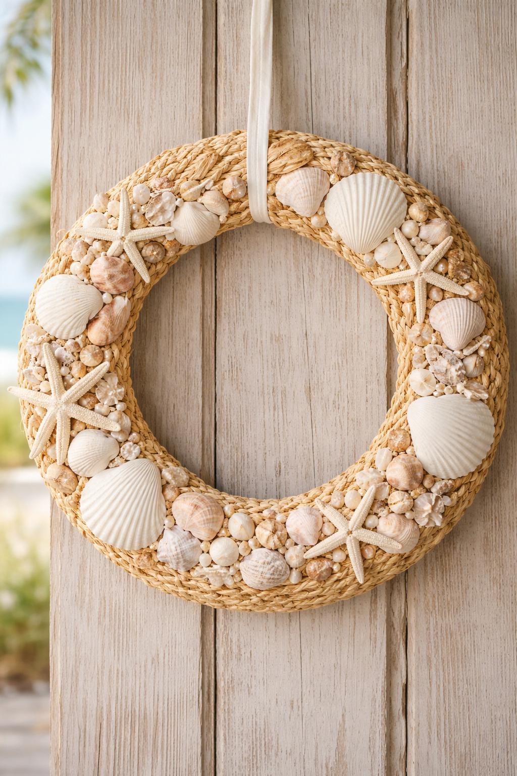 A beach wreath made of straw hat material decorated with seashells hanging on a wooden door.