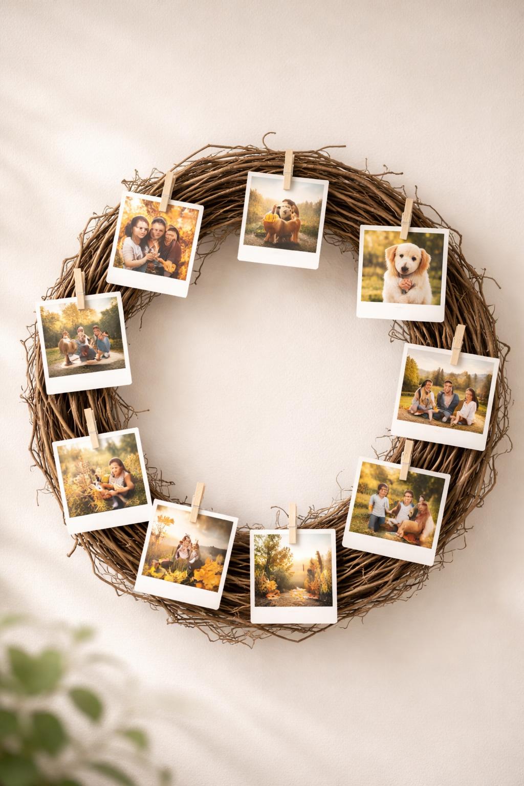 A grapevine wreath decorated with mini clothespins holding small photos against a neutral background.