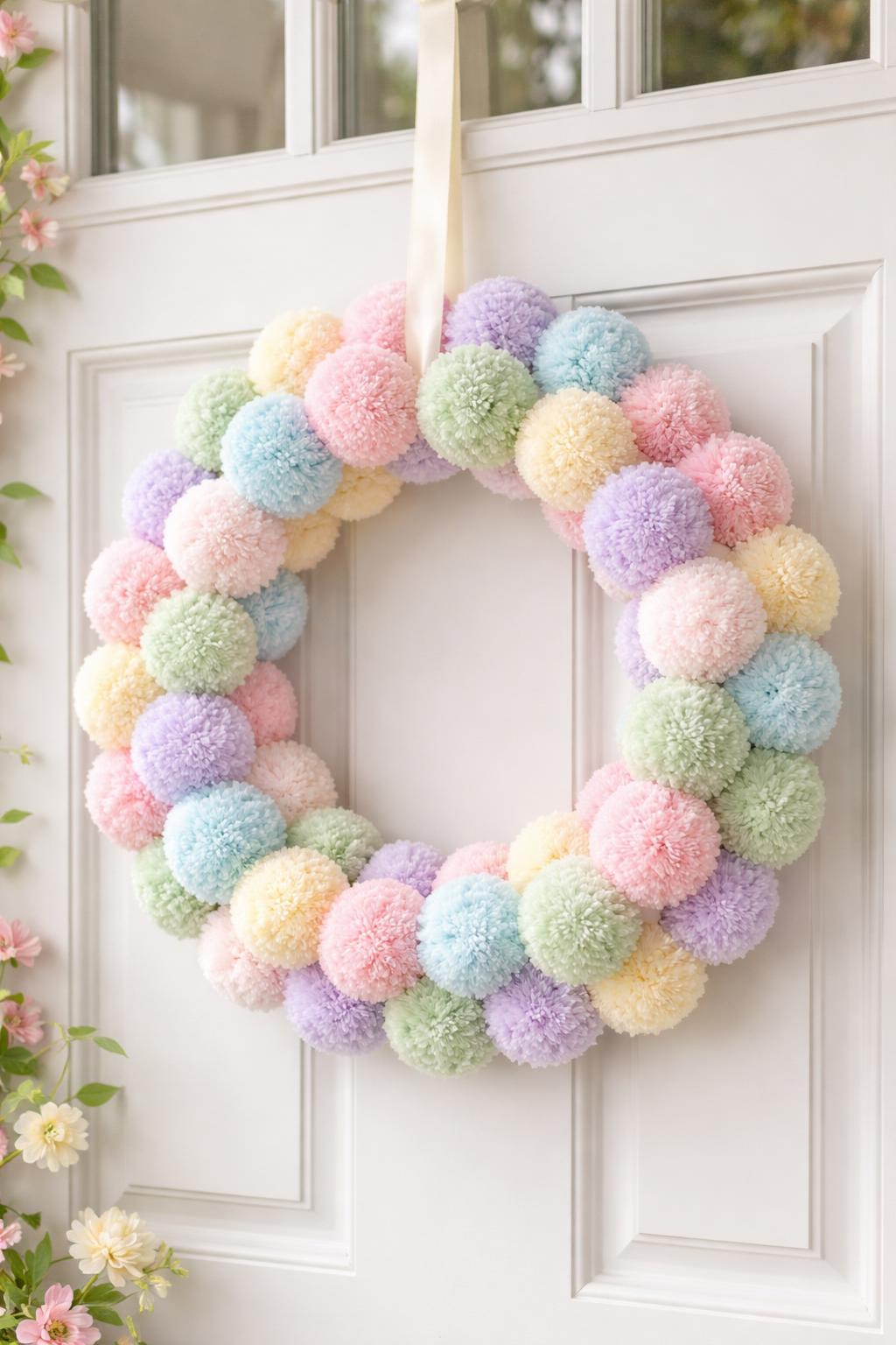 A spring wreath made of pastel-colored pom-poms hanging on a front door.
