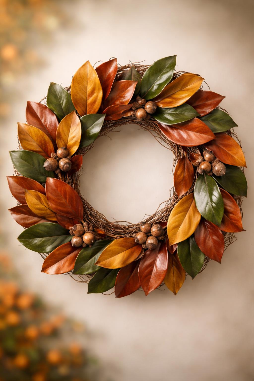 A circular fall wreath made of grapevine, magnolia leaves, and acorns displayed against a blurred background.