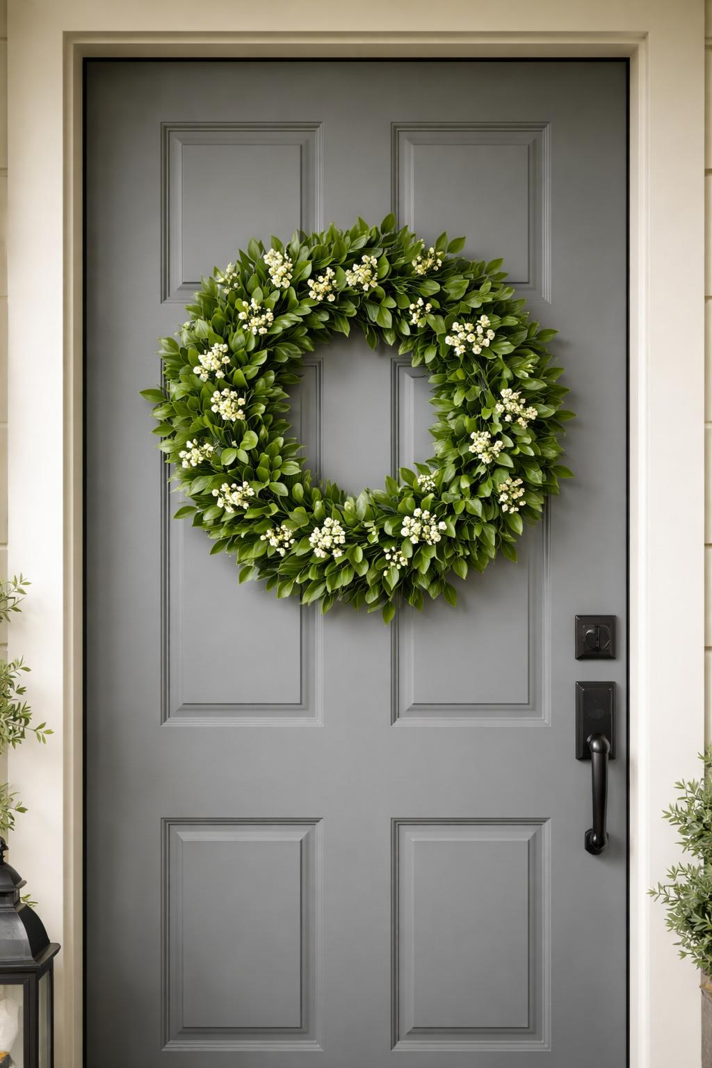 A gray front door decorated with a green wreath made of fresh leaves and small white flowers.