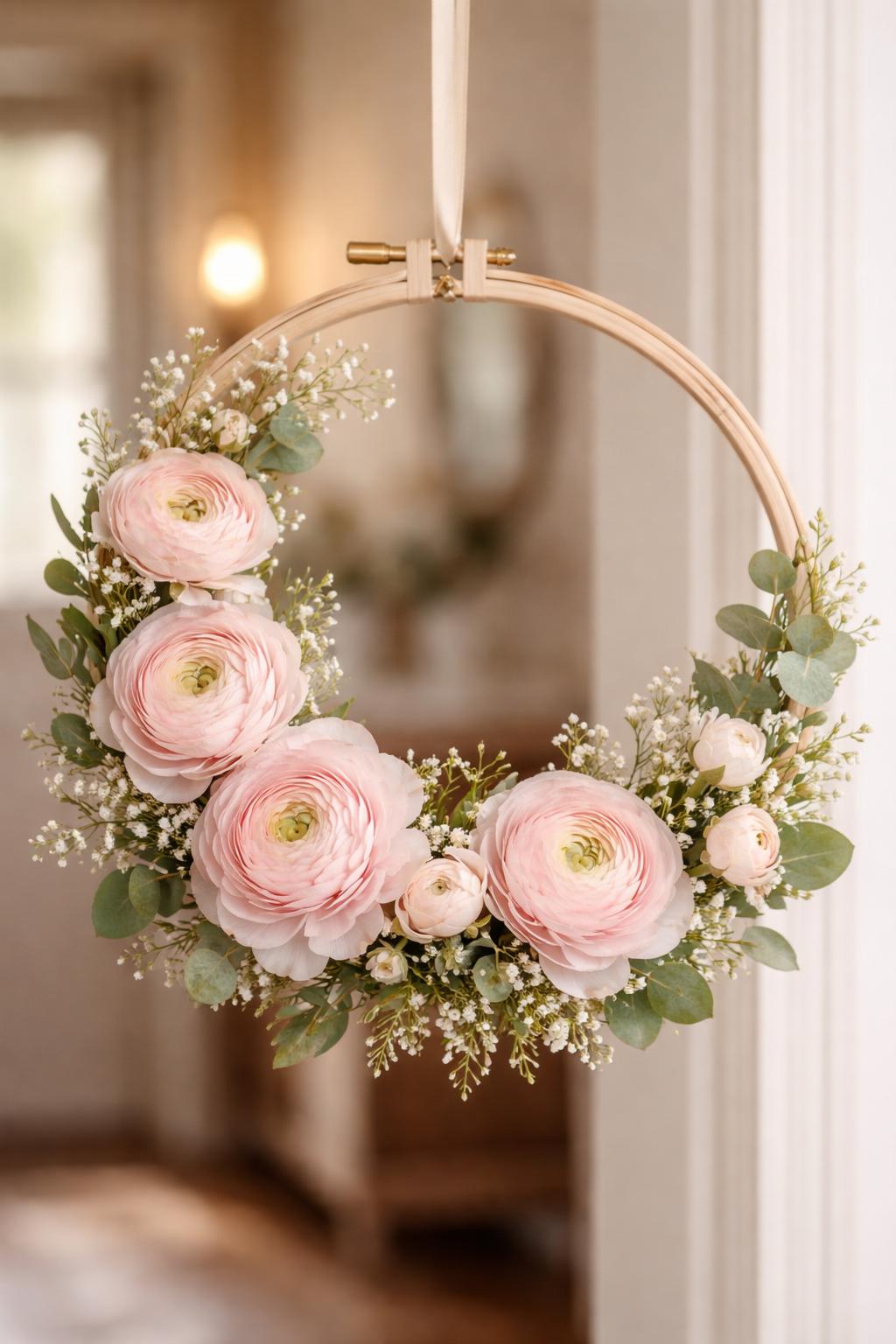 A floral wreath made of blush ranunculus flowers and greenery arranged in a wooden embroidery hoop.