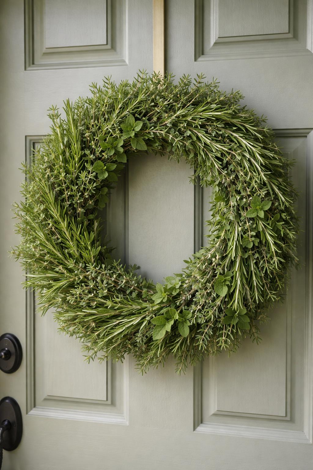 A living herb wreath made of rosemary and thyme hanging on a front door.