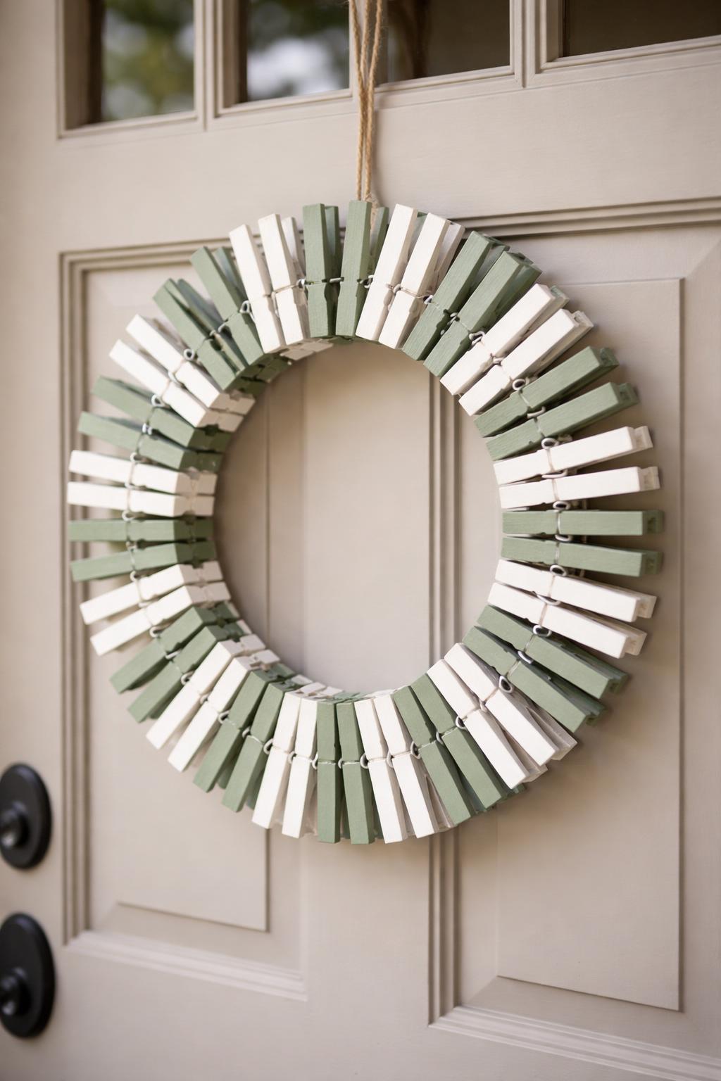 A front door with a circular wreath made of white and sage green clothespins hanging on it.