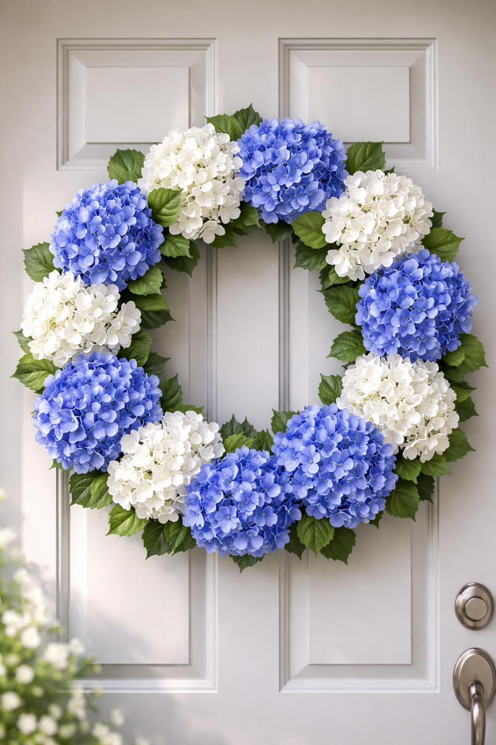 A front door decorated with a wreath made of blue and white hydrangea flowers and green leaves.