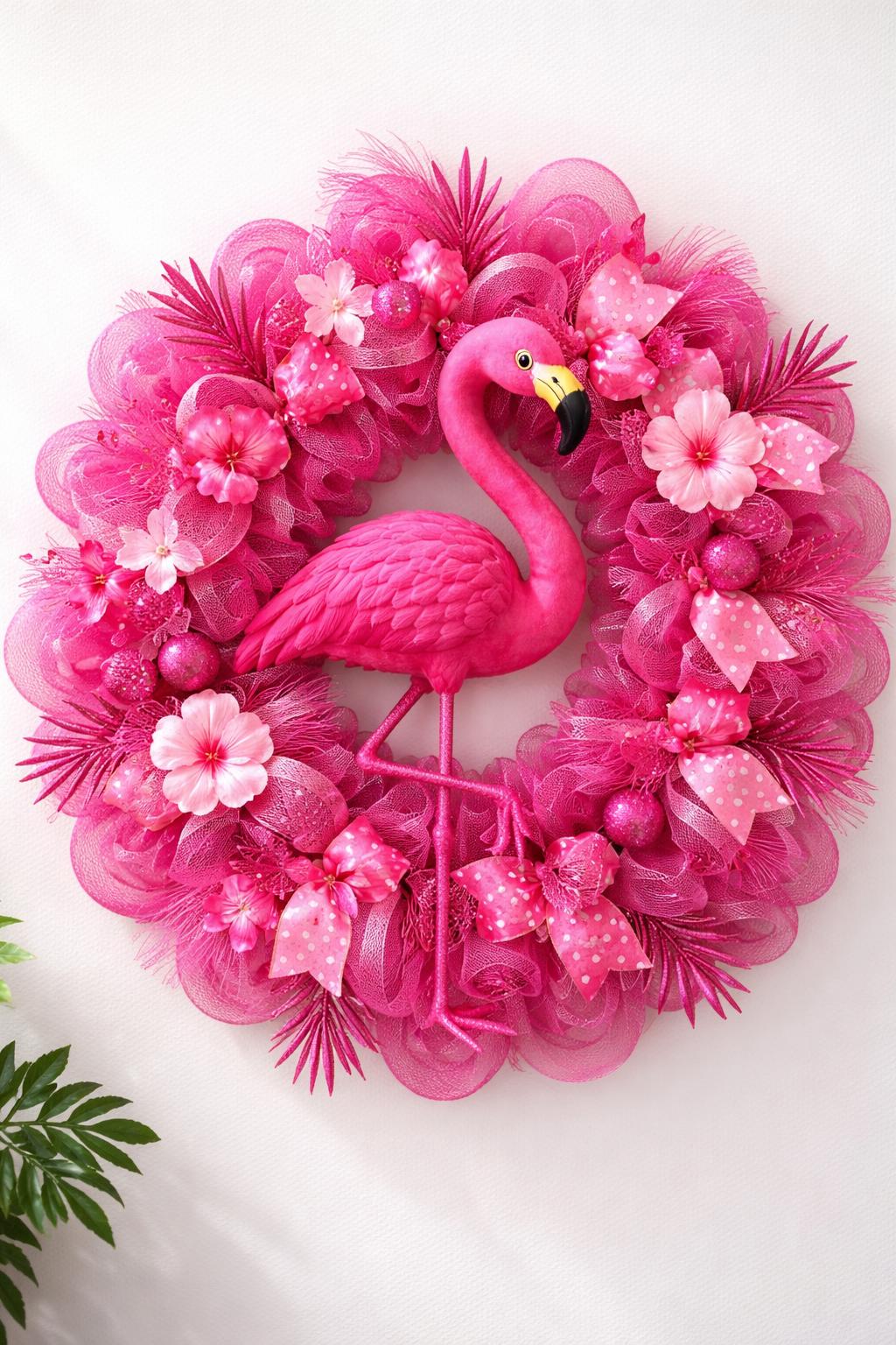 A hot pink flamingo wreath with a long neck and legs made from decorative mesh, displayed against a plain background.
