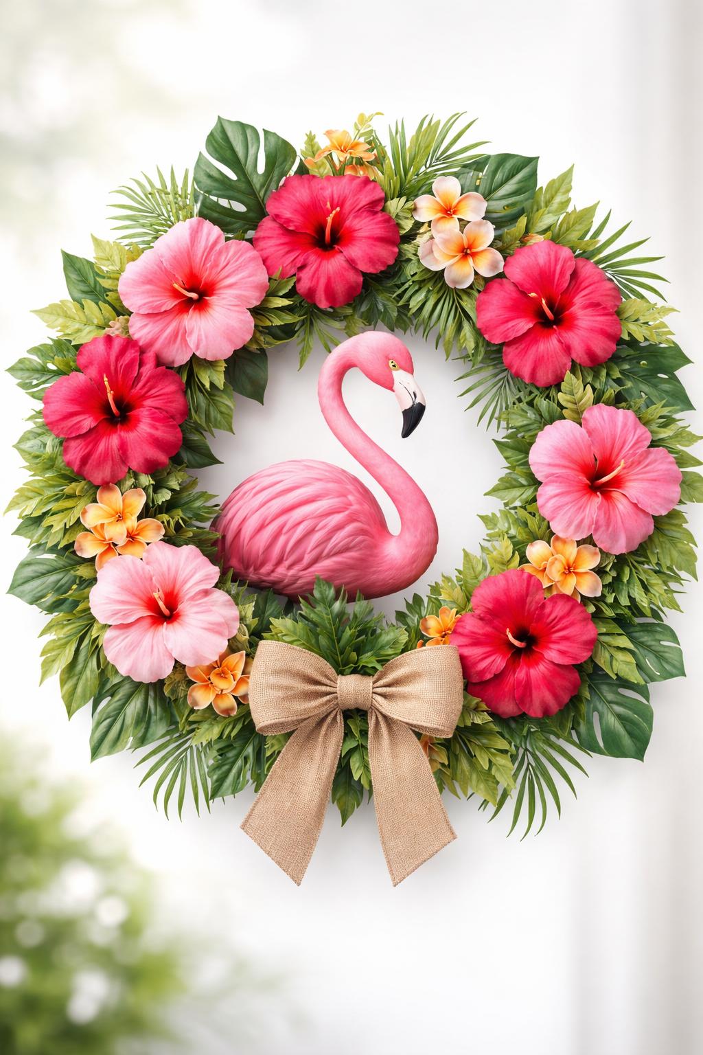 A colorful tropical wreath with a pink flamingo, hibiscus flowers, green leaves, and a decorative bow.
