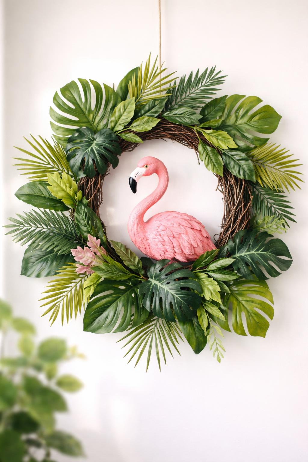 A grapevine wreath decorated with a pink flamingo figurine and green tropical leaves.