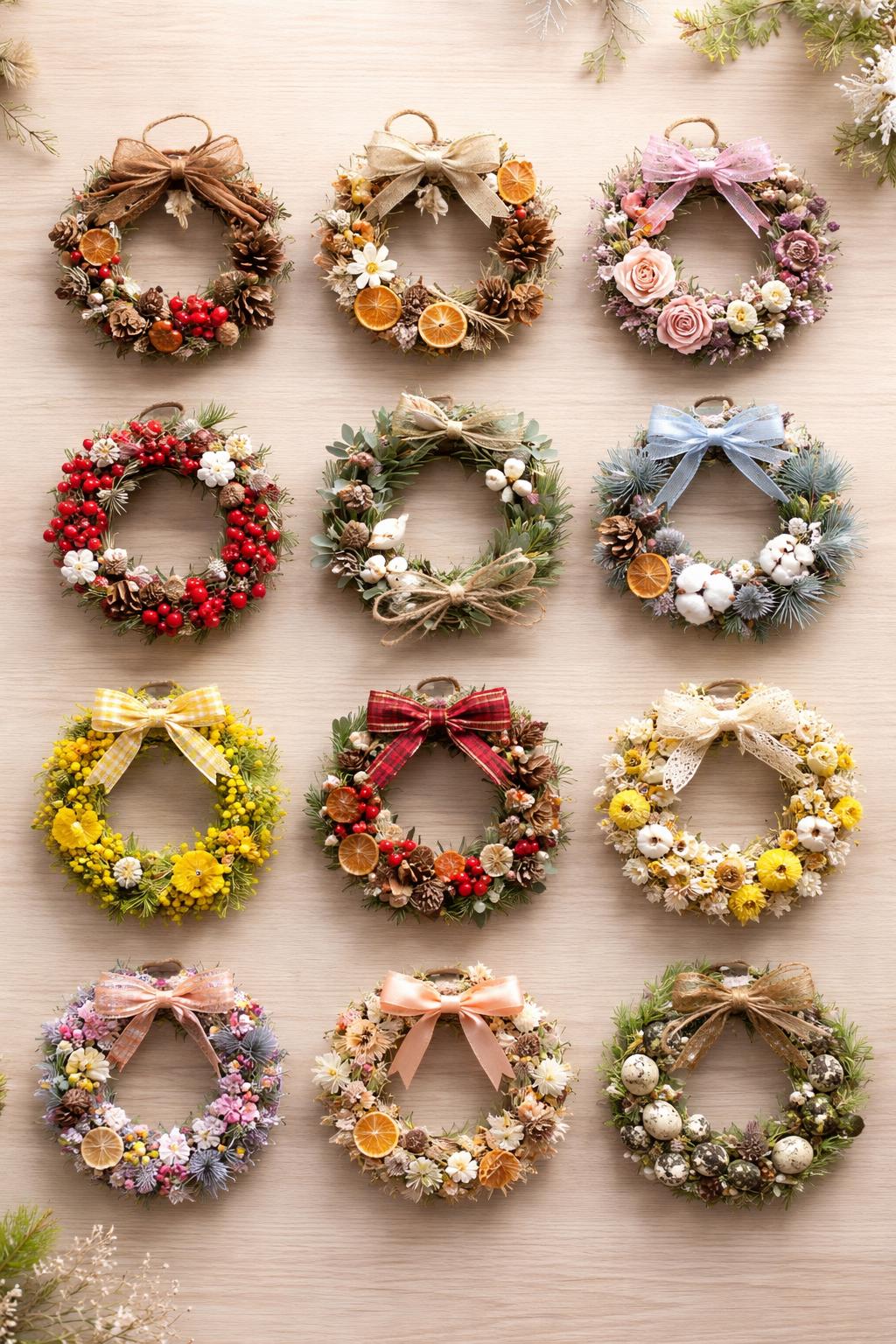 Twelve small decorative wreaths made from natural materials arranged on a wooden surface.