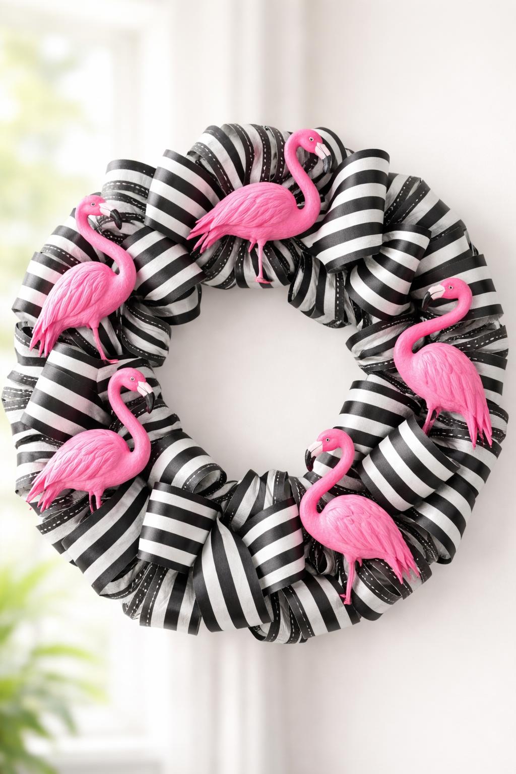 A wreath made of black and white striped ribbon decorated with pink flamingo figurines on a plain background.