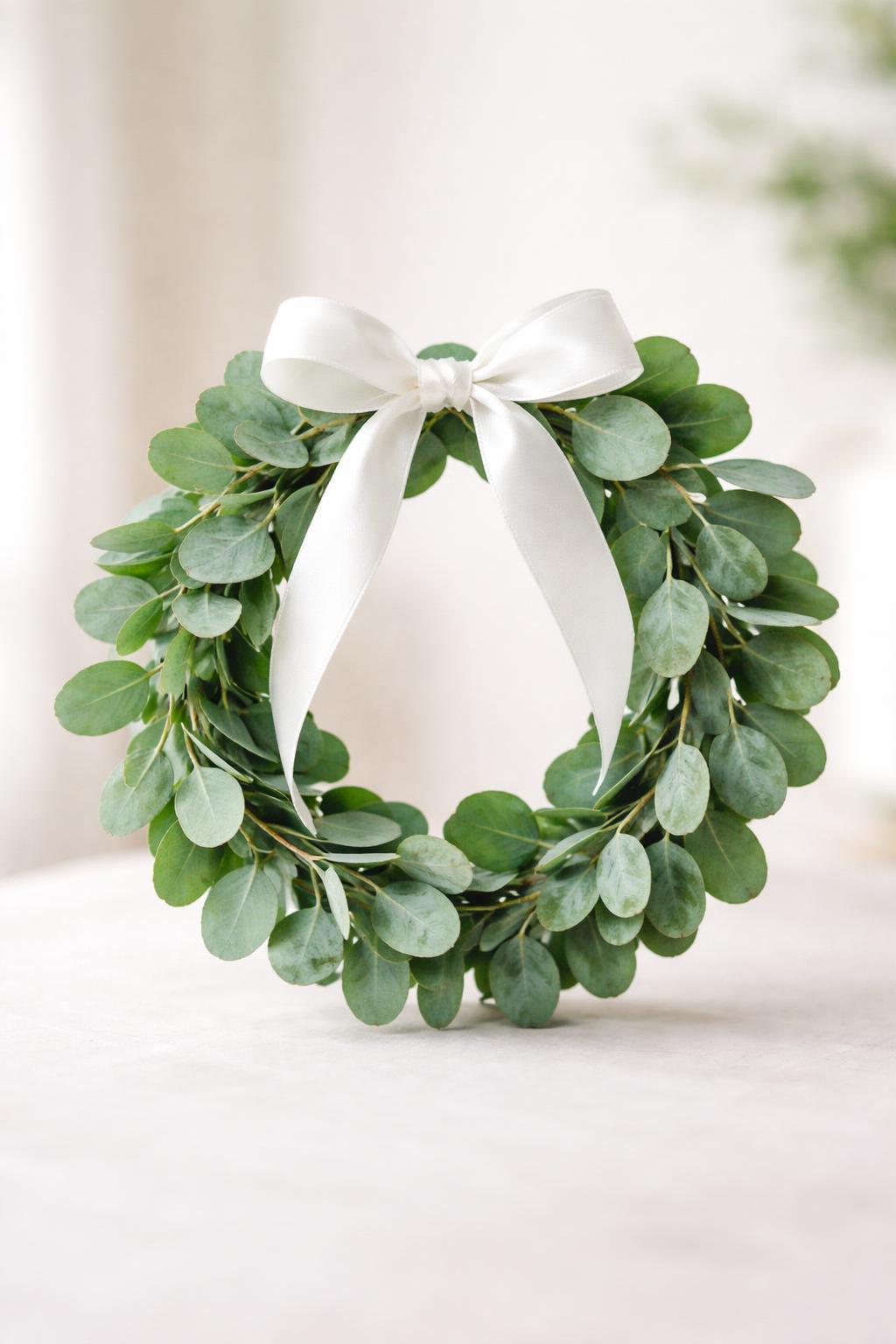 A small circular wreath made of fresh eucalyptus leaves with a white ribbon bow on a neutral background.