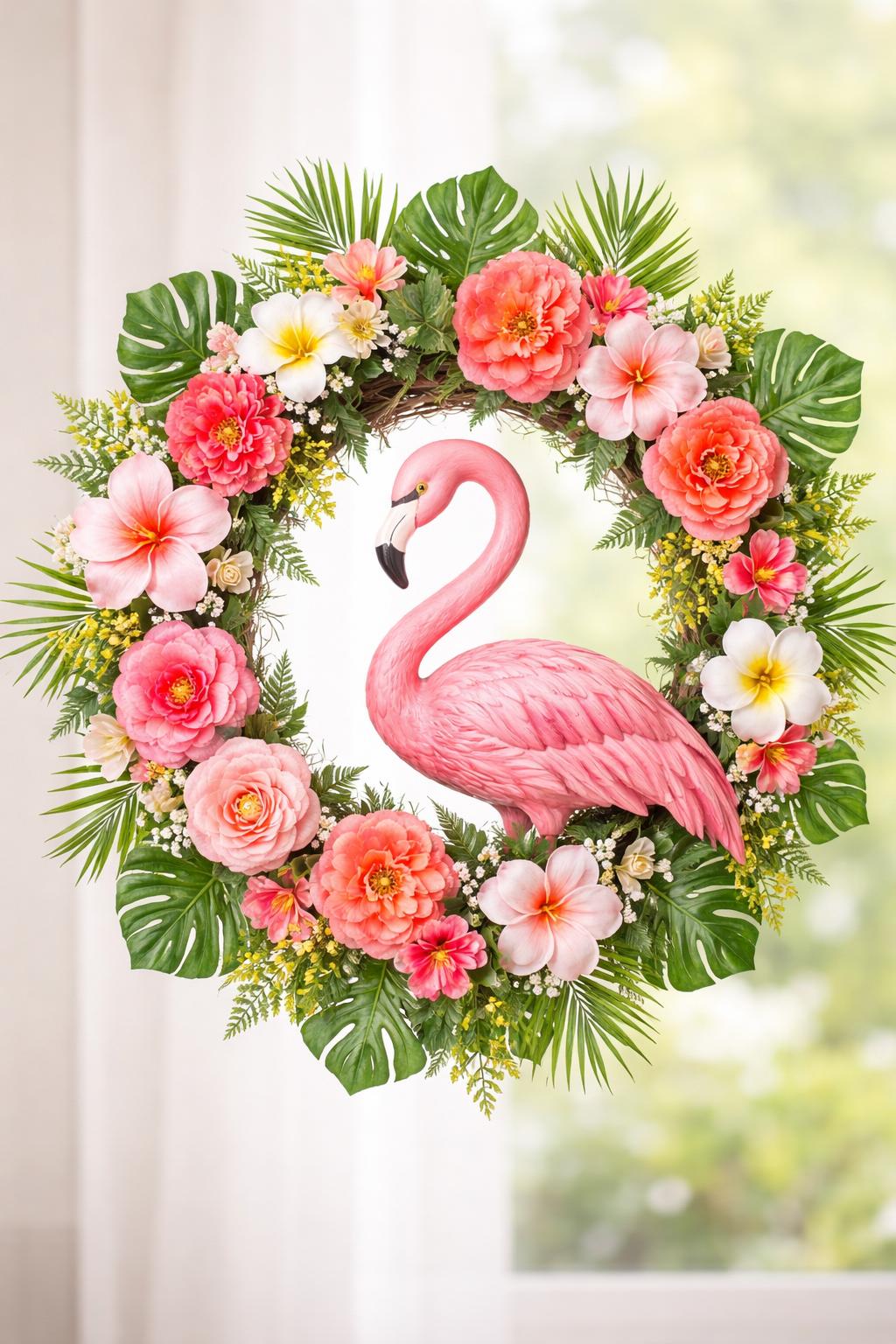 A circular wreath decorated with green leaves, colorful silk flowers, and a pink flamingo figure.