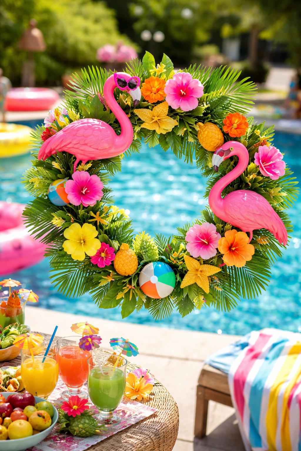 A flamingo wreath decorated with sunglasses and tropical leaves displayed near a swimming pool at a summer party.