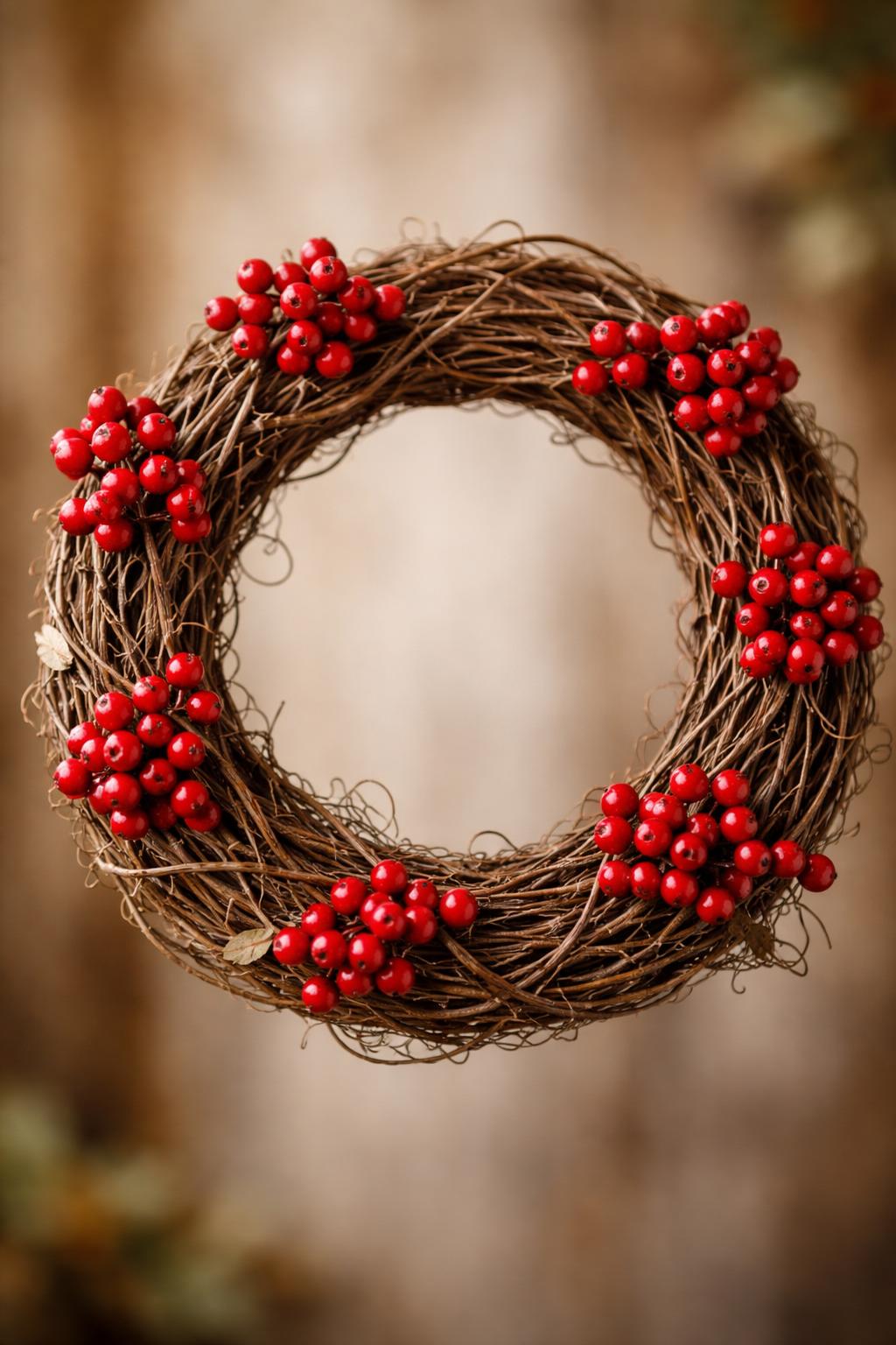 A small grapevine wreath decorated with bright red berries on a soft, neutral background.