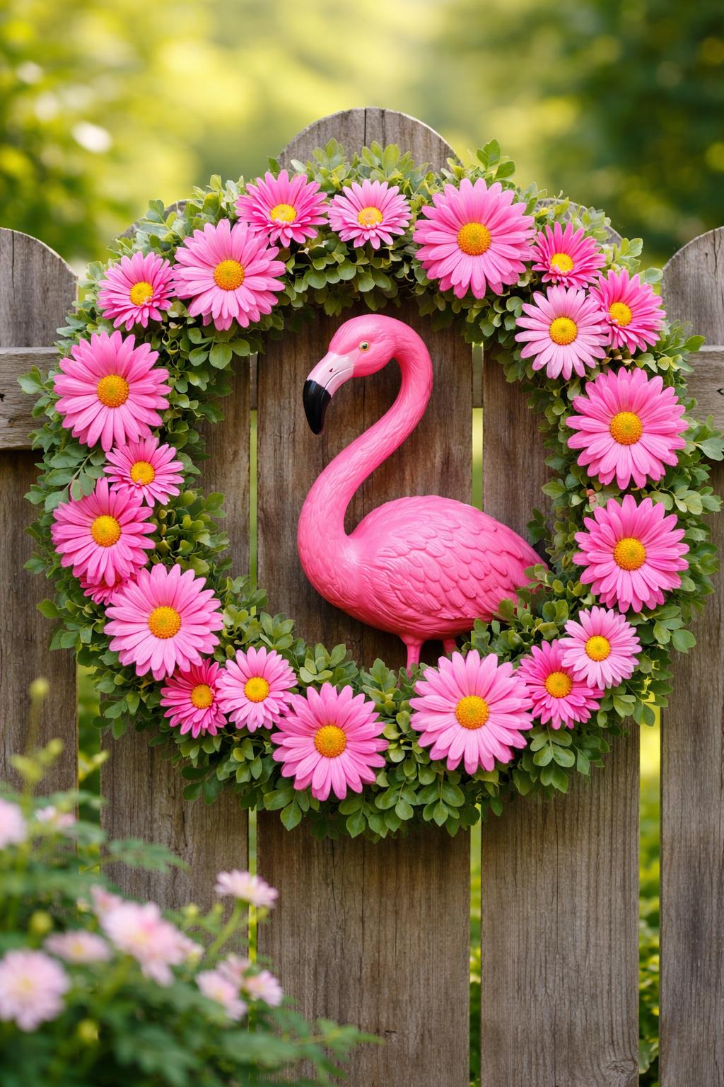 A pink daisy wreath surrounding a flamingo yard ornament displayed outdoors on a wooden fence with greenery in the background.