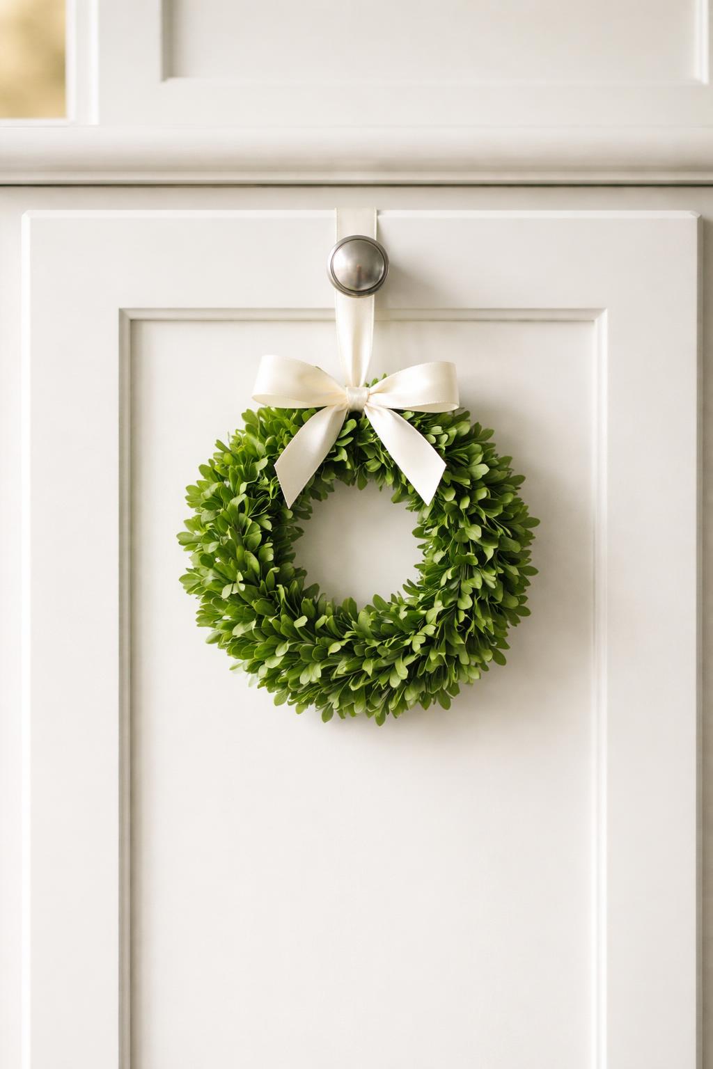 A small green boxwood wreath hanging on a white cabinet door in a softly lit room.