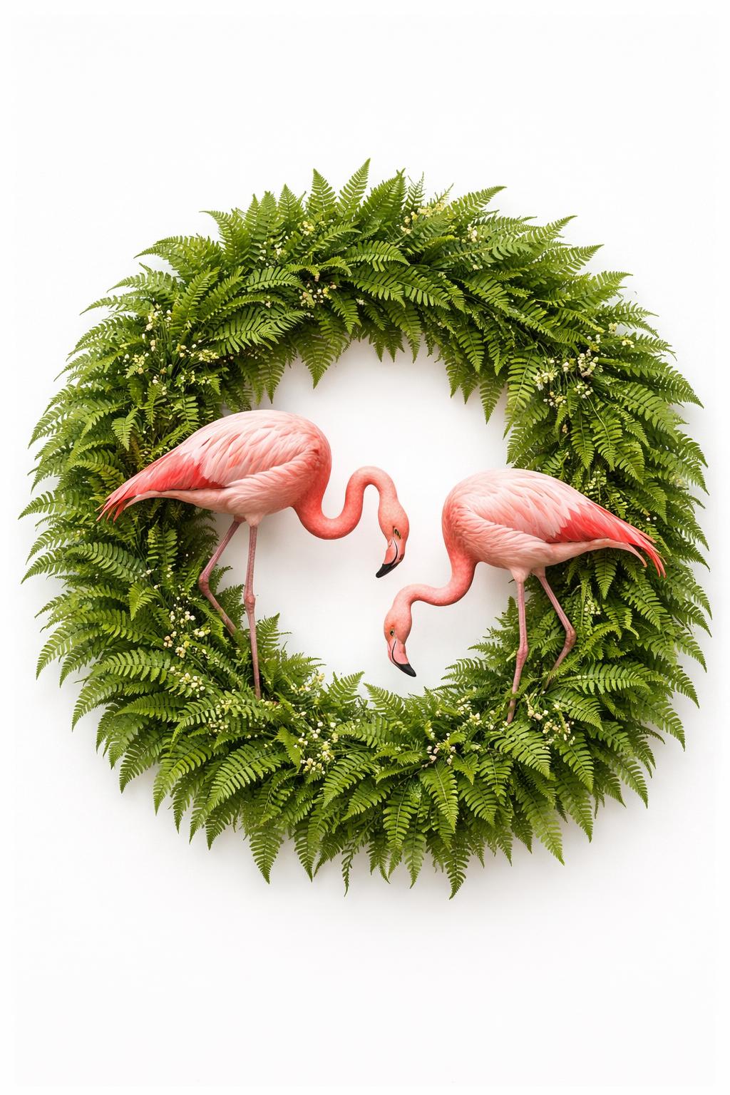 A circular wreath with two pink flamingos grazing, surrounded by layered green ferns.