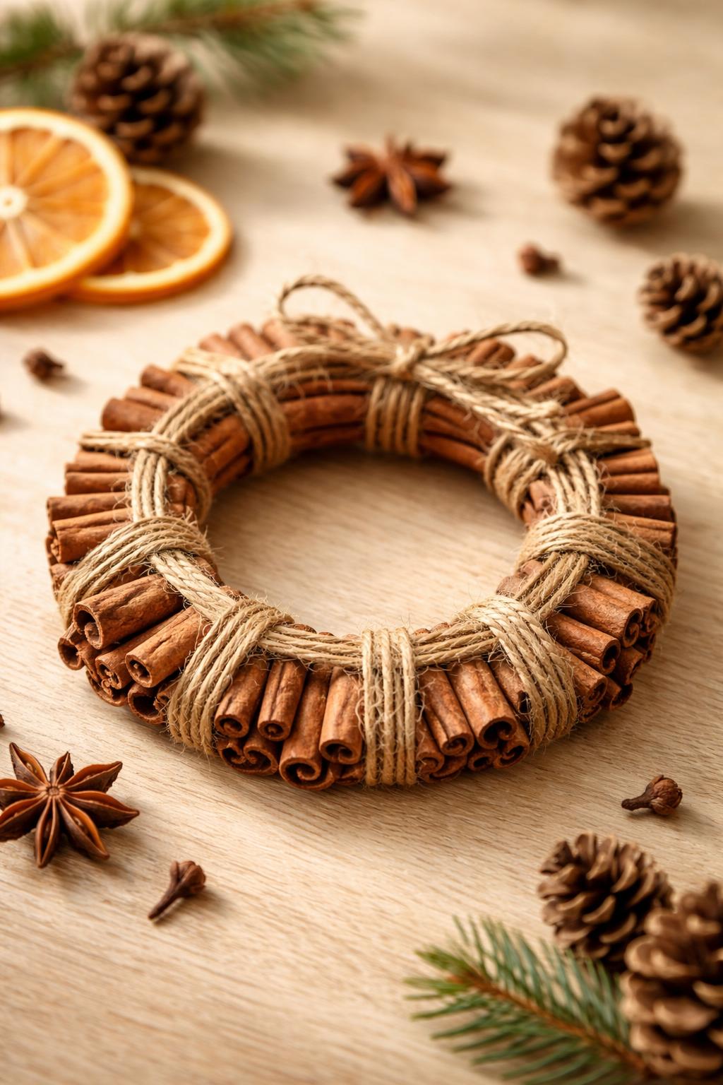 A small circular wreath made of cinnamon sticks tied with jute twine, placed on a wooden surface with dried orange slices and pine cones around it.