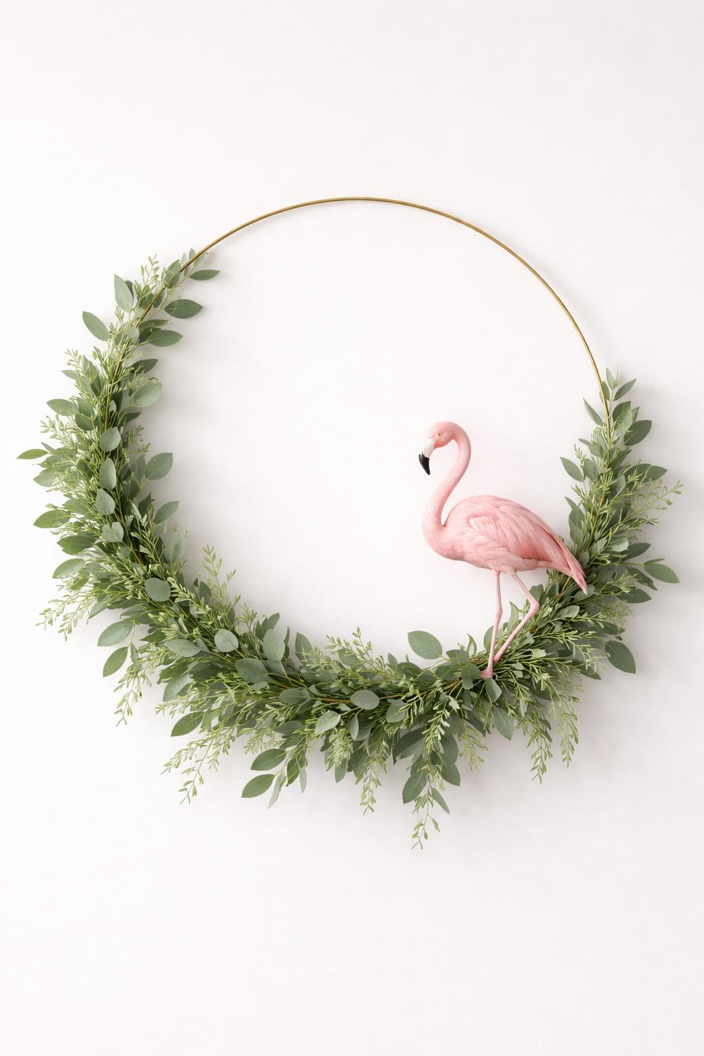 A circular green foliage wreath with a single pink flamingo decoration on a plain background.