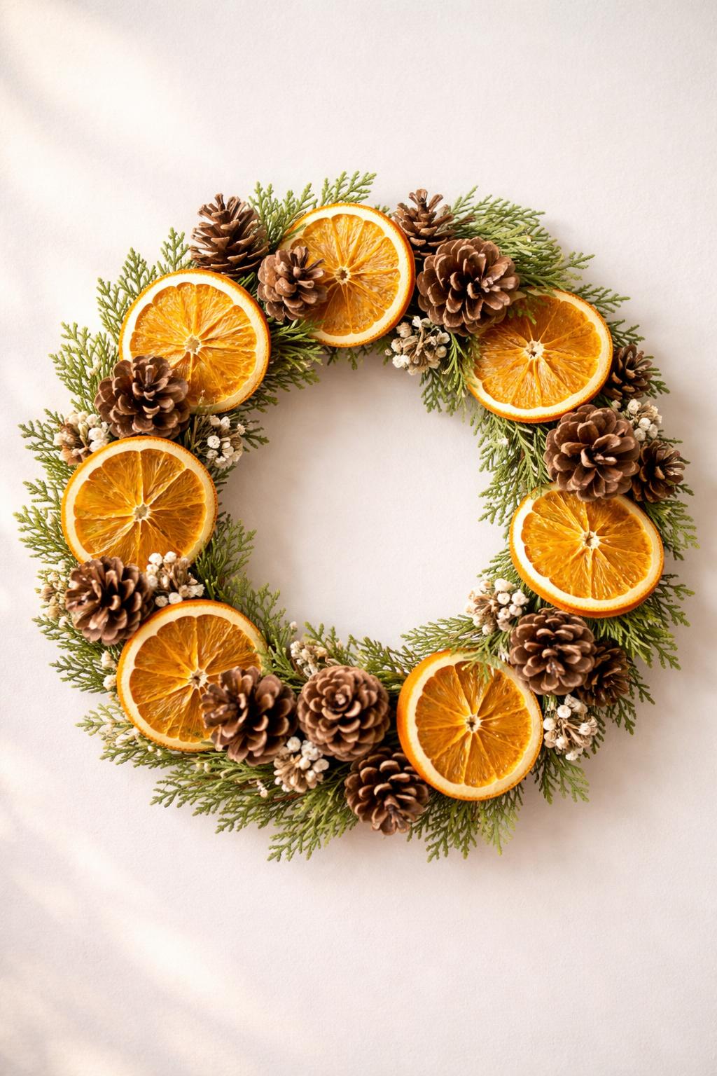 A small wreath made of dried orange slices, pinecones, and green sprigs on a neutral background.