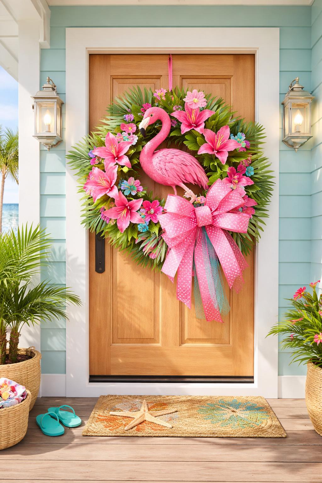 A flamingo wreath with hot pink lilies and a ribbon bow hanging on a beach house door in a sunny coastal setting.