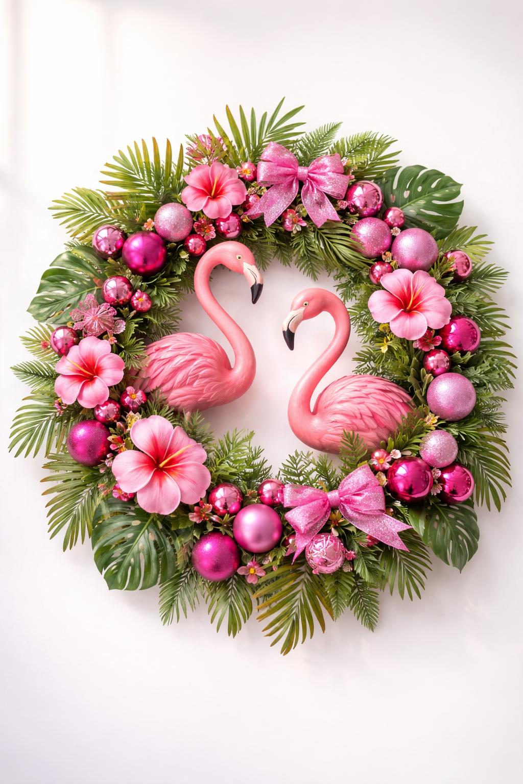 A Christmas wreath decorated with pink flamingos, pink ornaments, and tropical green leaves.
