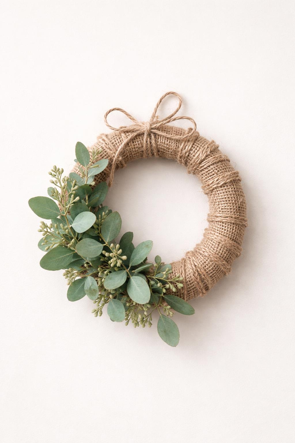 A small wreath wrapped in burlap with green eucalyptus sprigs on a plain background.