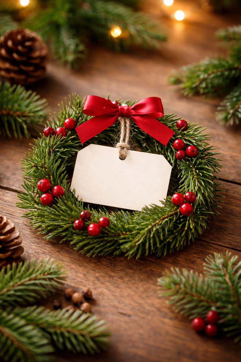 A small green wreath with red berries and a red bow surrounding a blank gift tag on a wooden table with holiday decorations.