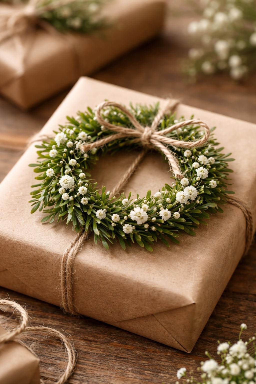 A small green wreath decorated with white baby's breath flowers and tied with brown twine, placed on a wooden surface.