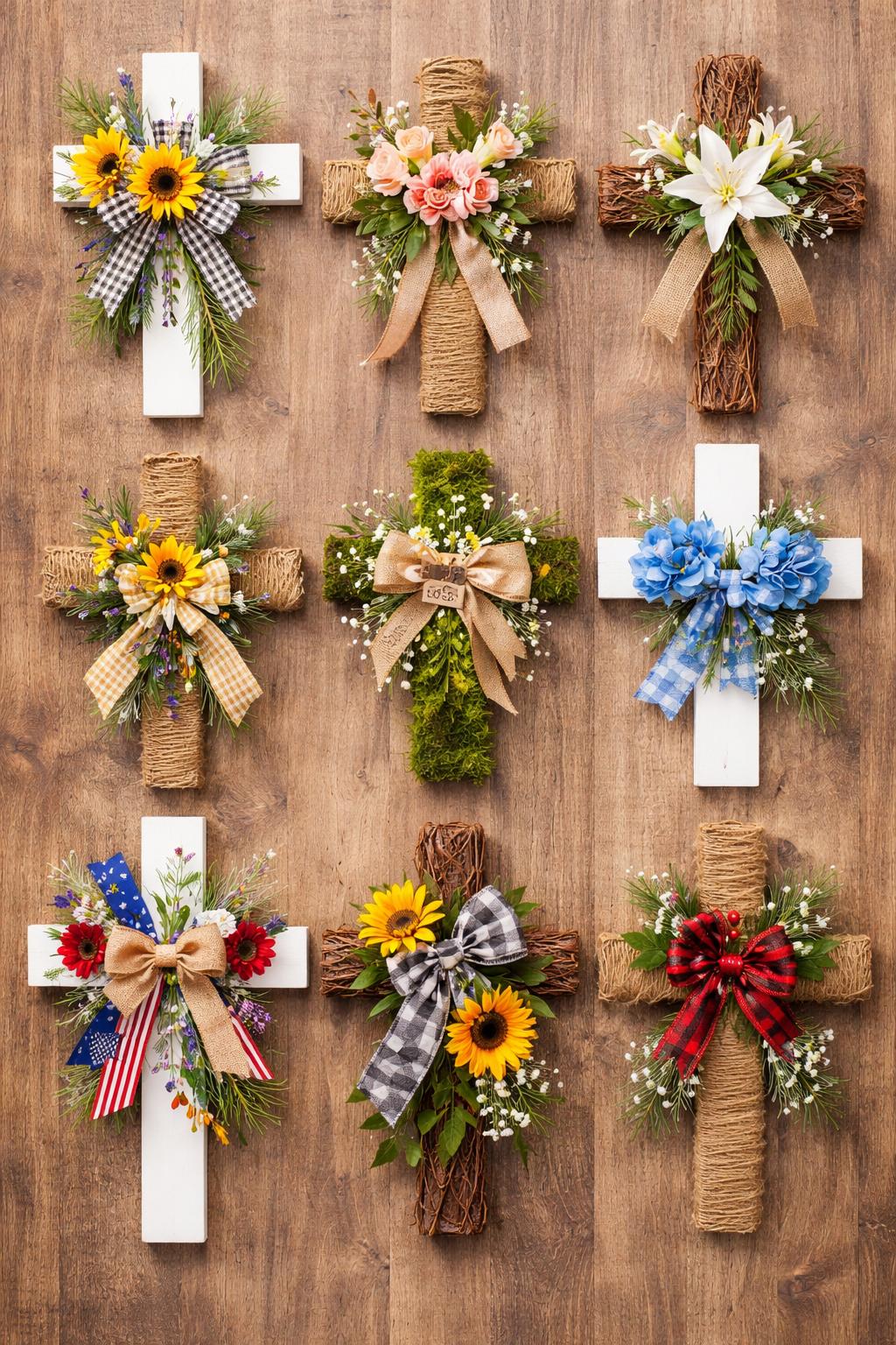 A collection of ten decorative cross wreaths made from craft materials displayed on a wooden surface.