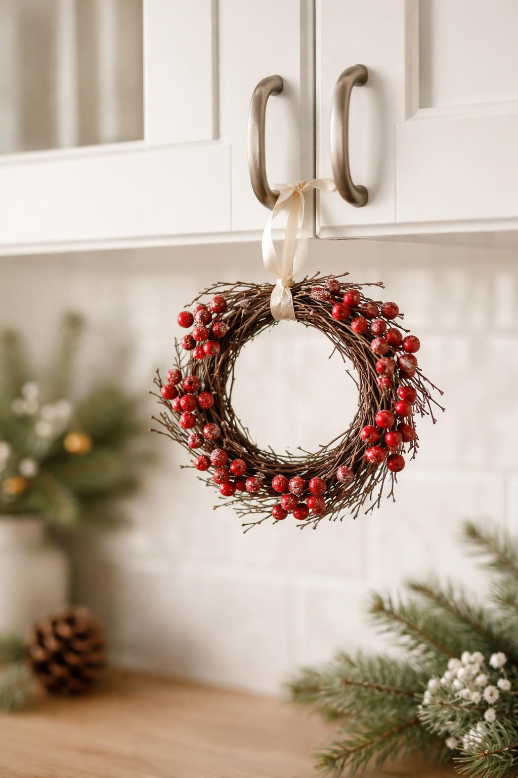 A small twig and red berry wreath hanging on a white kitchen cabinet door in a bright kitchen.