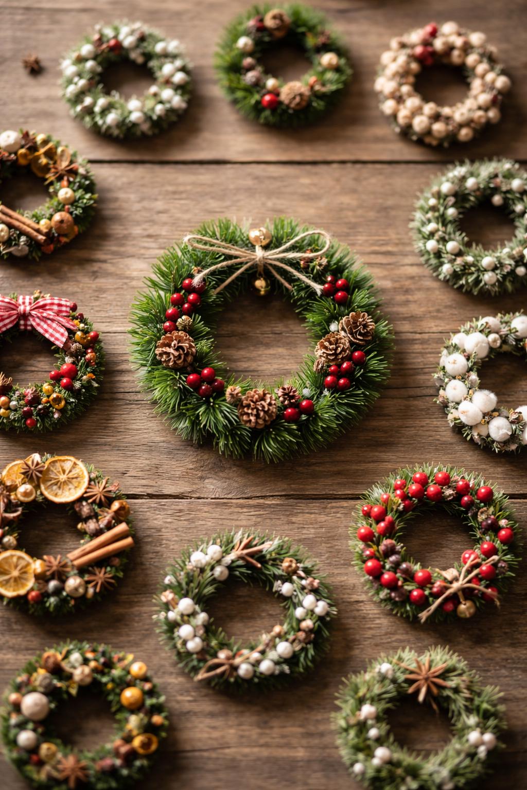 A collection of small decorative wreaths made from pine pipe cleaners, pine cones, berries, and natural elements arranged on a wooden surface.