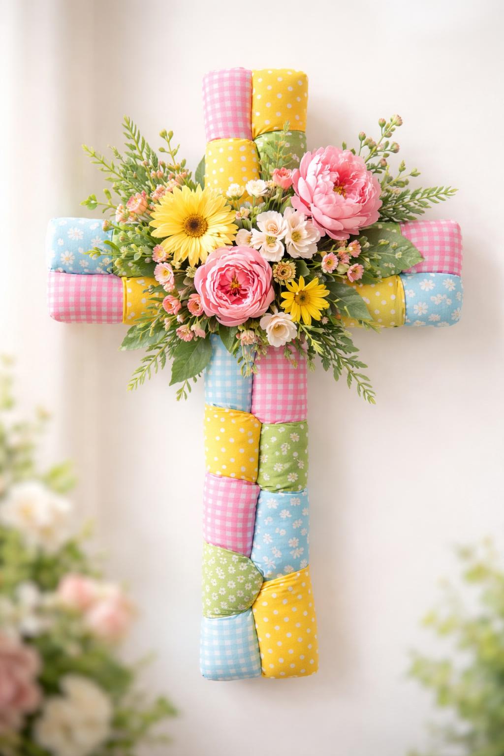 A cross-shaped wreath wrapped in colorful fabric and decorated with spring flowers and green leaves on a neutral background.