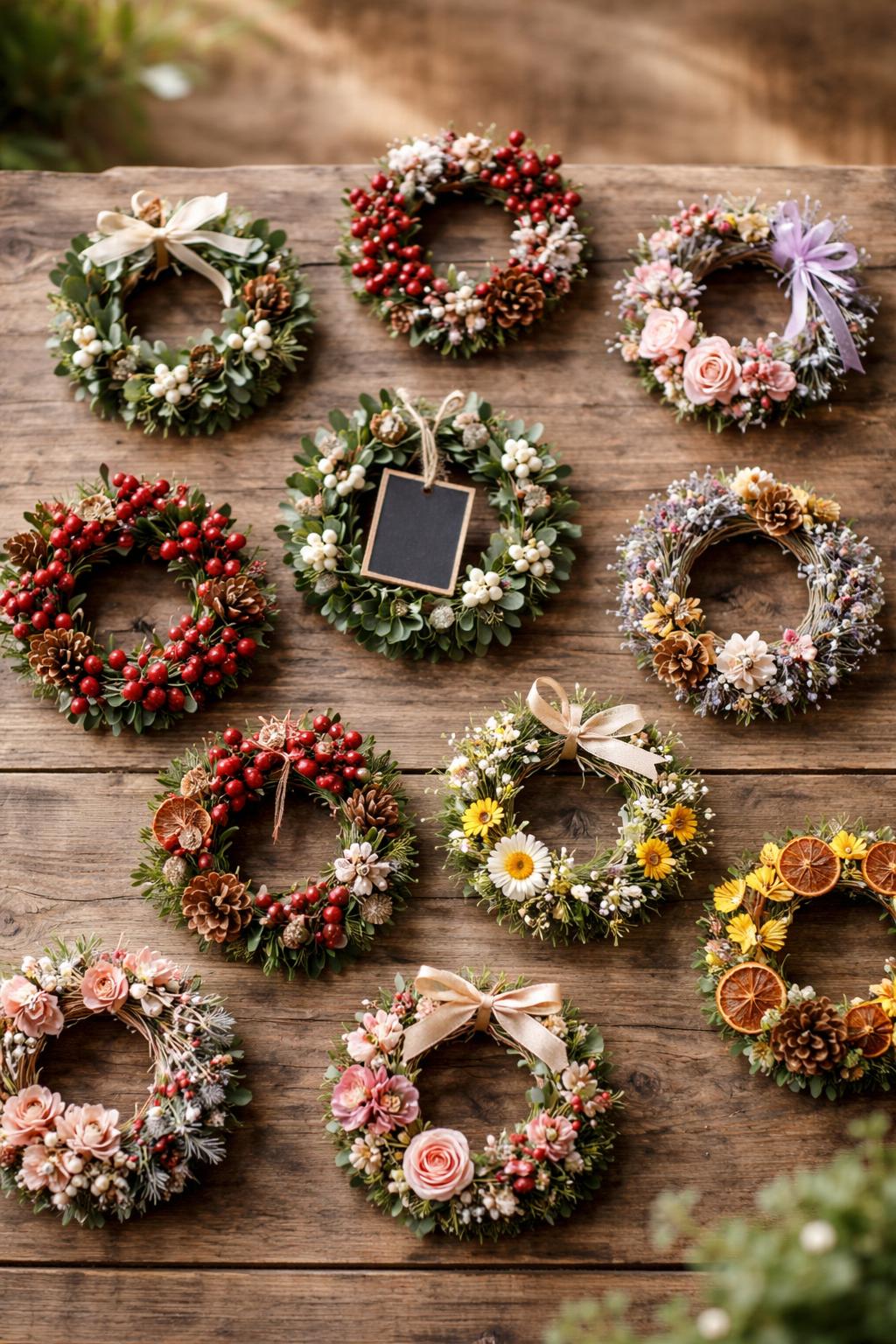 A collection of twelve small decorative wreaths arranged on a wooden surface, featuring natural elements and a small blank chalkboard tag on one wreath.