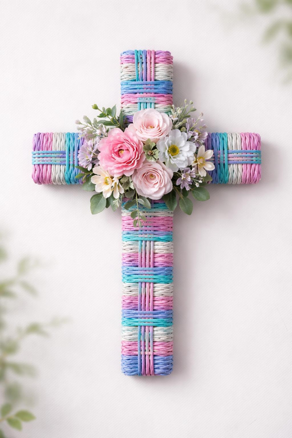 A cross-shaped wreath wrapped with colorful paracord and decorated with pastel faux flowers on a neutral background.