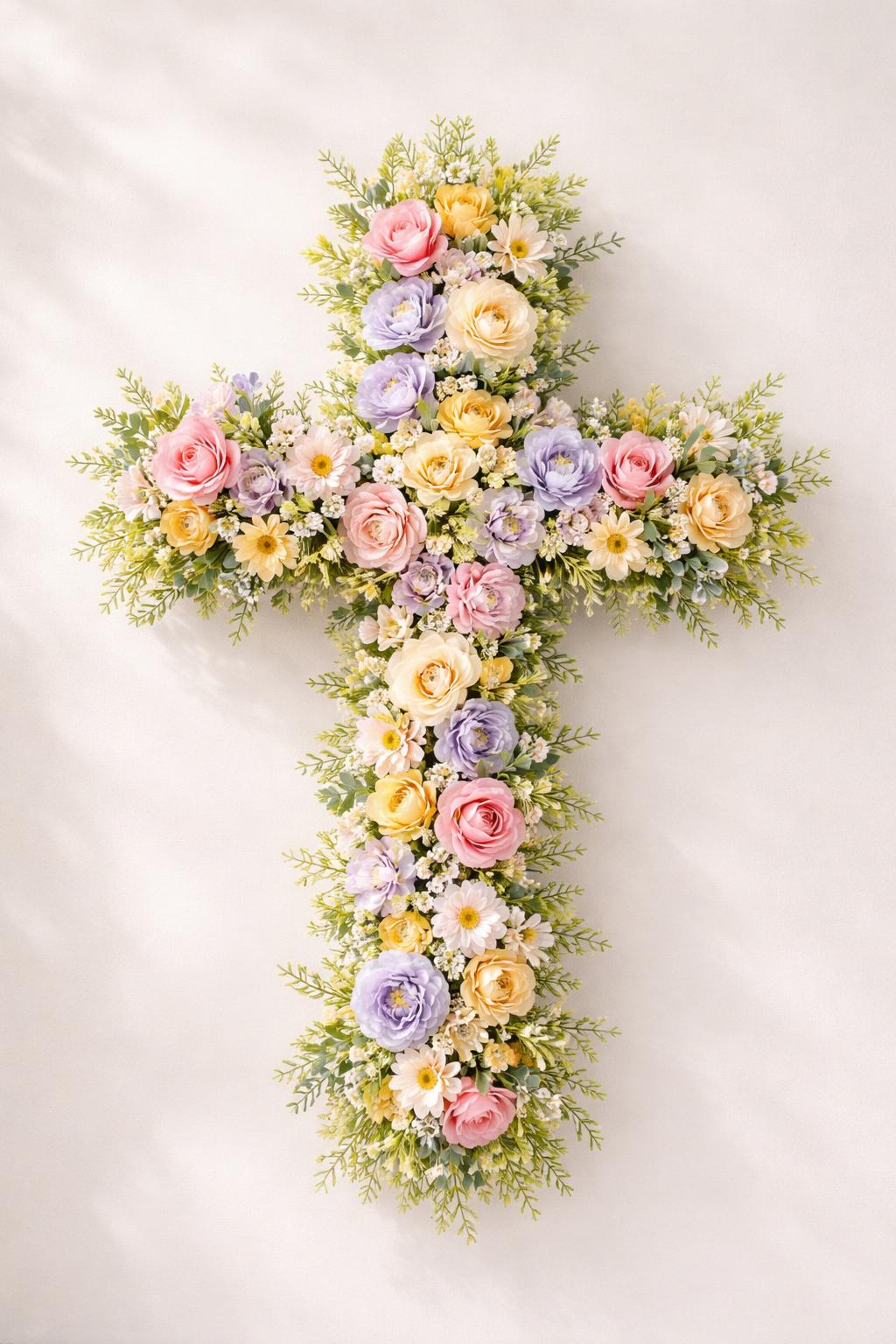 A spring floral cross wreath decorated with pastel flowers and green leaves on a neutral background.