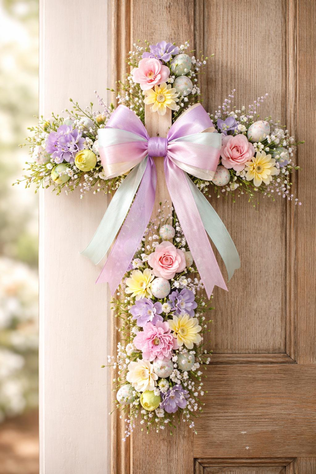 An Easter cross wreath decorated with pastel flowers and a wired ribbon bow hanging on a wooden door.