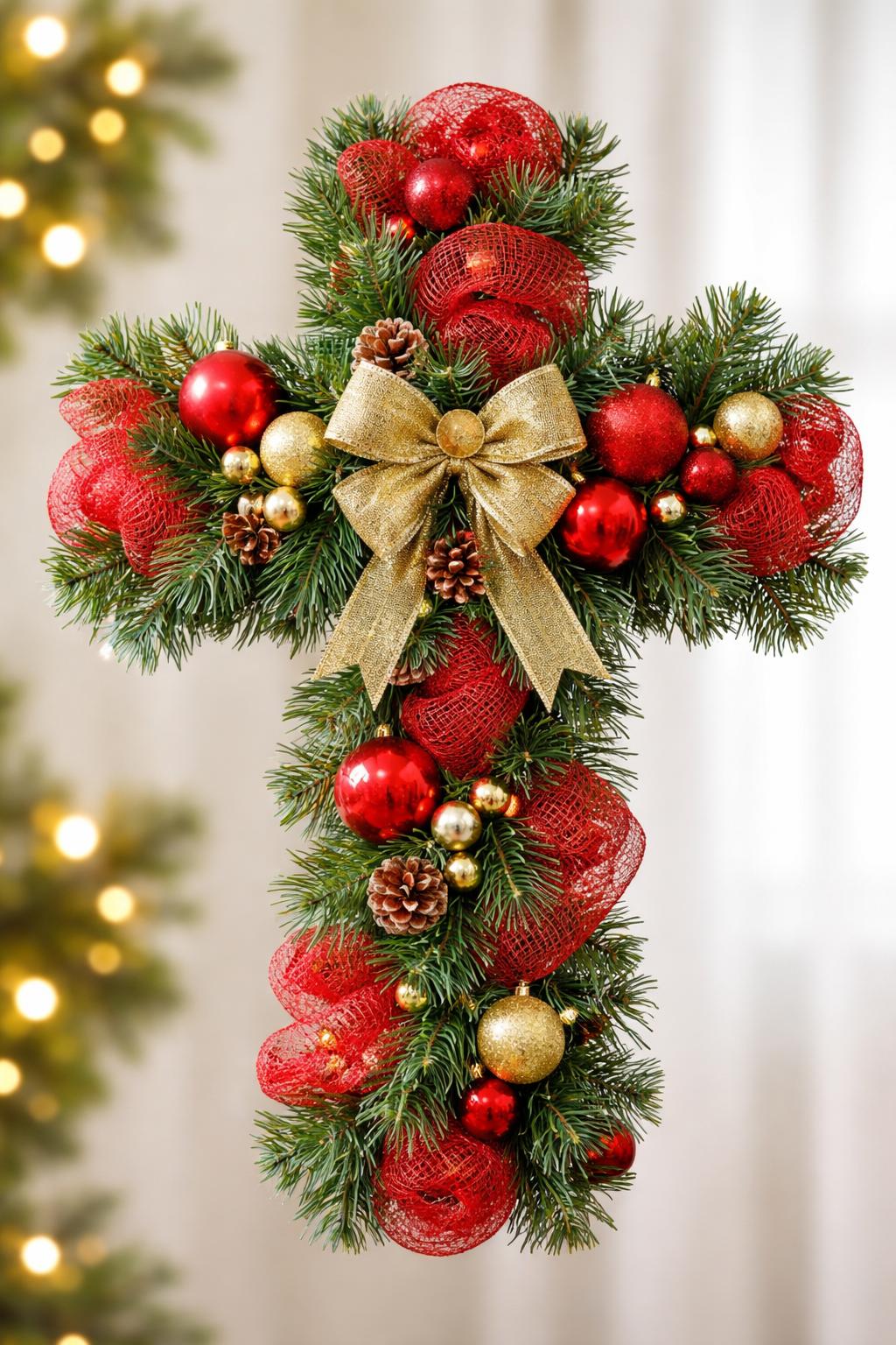A Christmas cross-shaped wreath decorated with red mesh, green pine picks, and red and gold ornaments on a neutral background.