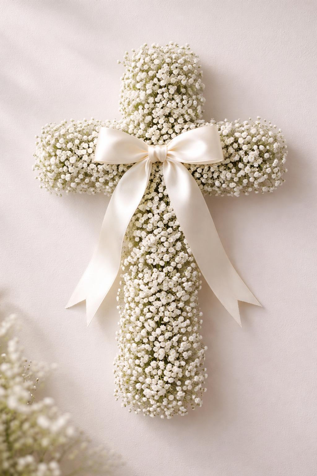 A white cross wreath decorated with baby's breath flowers and an ivory ribbon bow against a neutral background.
