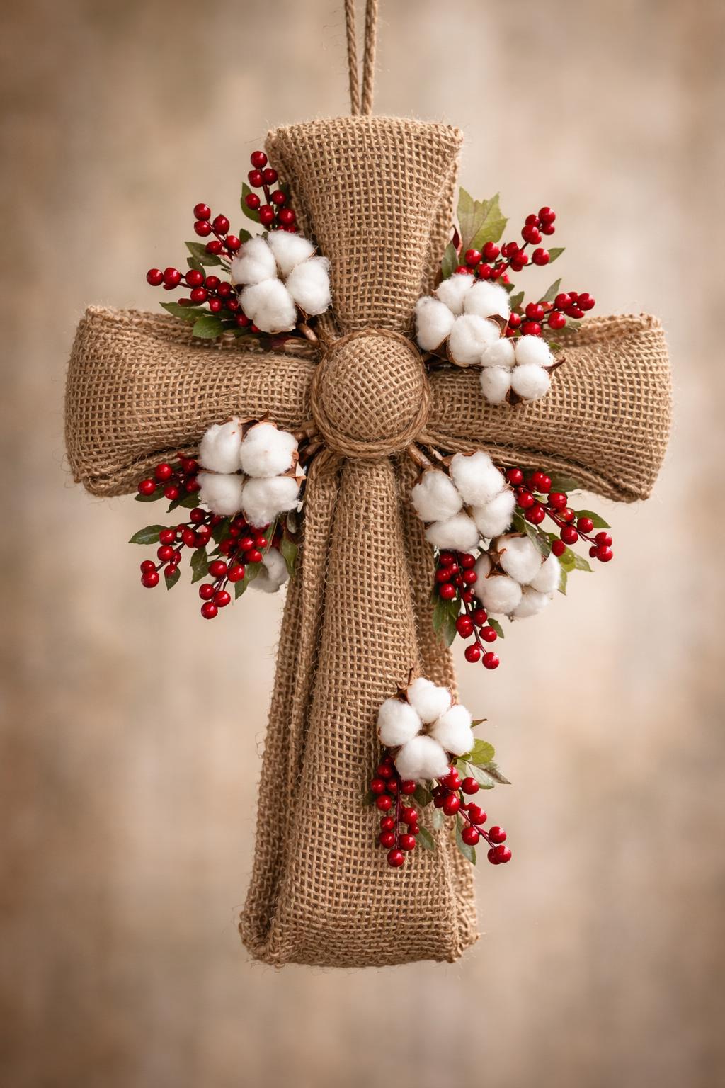 A burlap cross wreath decorated with cotton stems and red berry sprays hanging on a wooden surface.