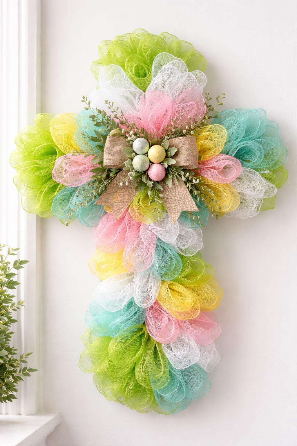 A colorful cross-shaped wreath made of large mesh poufs arranged on a neutral background.