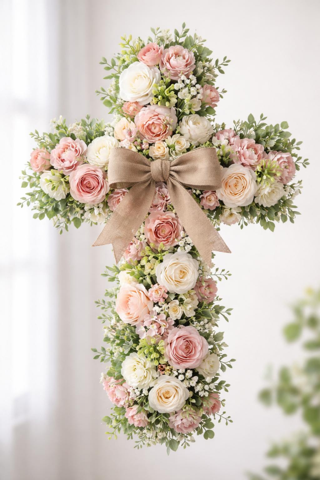 A cross-shaped wreath made of layered flowers with a foam base, displayed against a plain background.