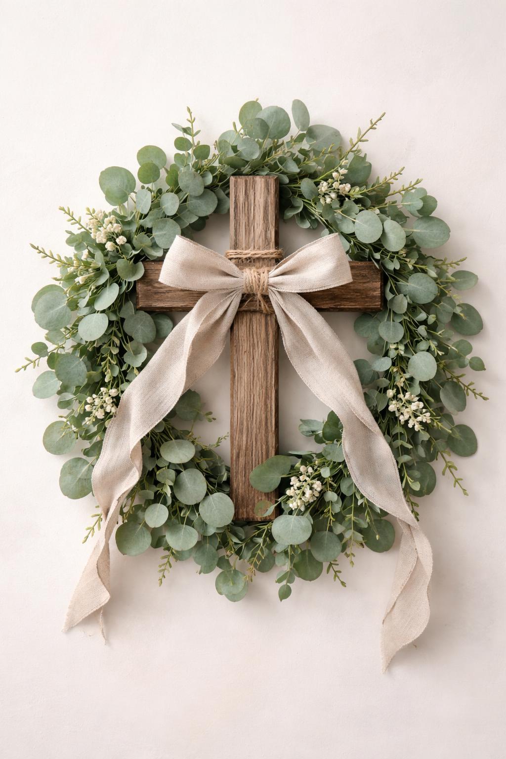 A wooden cross wreath decorated with eucalyptus stems and linen ribbon on a neutral background.